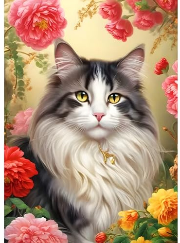 DPHERO Long-haired Cat Diamond Painting Kits for Beginners Adults,5D DIY Peony Flowers Diamond Art Kits,Round Full Drill Gem Art Crafts,DIY Kitten Painting by Numbers for Home Wall Decor 12x16 inch