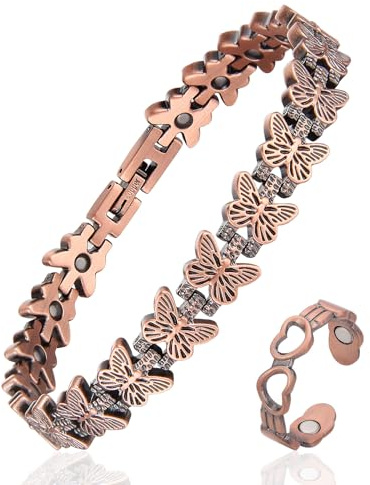 Fashtour Copper Bracelet and Ring Set for Women, 99.99% Pure Copper Magnetic Bracelet with Butterfly Design & Matching Adjustable Heart Ring – 3800 Gauss Magnets, Includes Sizing Tool & Gift Box