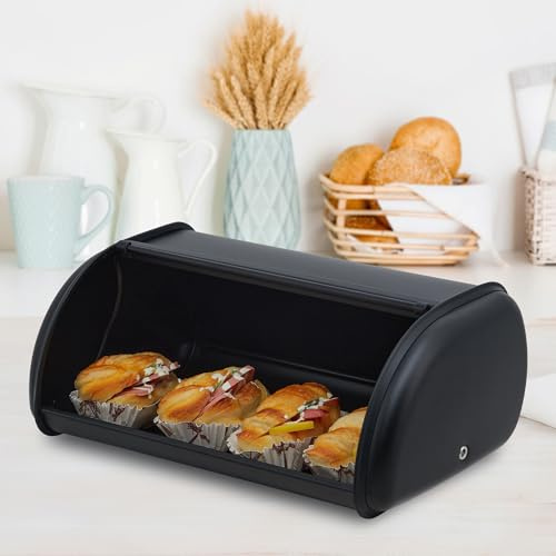GarveeHome Stainless Steel Bread Box for Kitchen Countertop, Roll Top Black Bread Storage Container for Homemade Bread, Large Bread Holder for Kitchen Counter, Pantry Shelf, Family