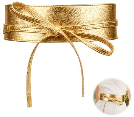 Dawfund Ceinture Large Dorée Femme à Nouer en Similicuir 23,5 cm, Ceinture Dorée Femme Pour Robe Élégante, Accessoire Mode, Taille Ajustable, Stylise Silhouette et Tenue Chic Pour Jour et Soirée
