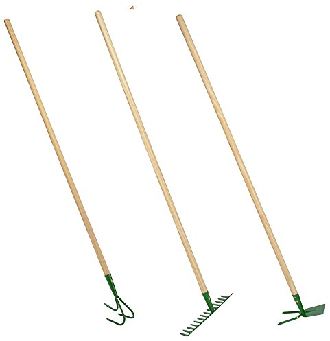 Land-Haus-Shop Gartengeräte massiv 1 von 5, Rechen Doppelhacke Schaufel Grubber oder Harke mit stabilem Holzstiel (3er Set (Harke Grubber Hacke))