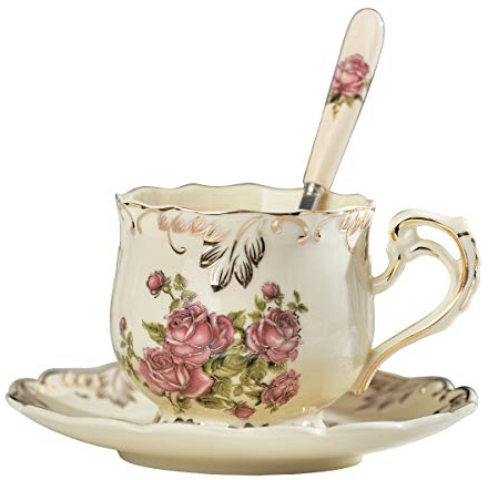 YOLIFE Englisches Vintage-Tassen- und Untertassen-Set, Teetasse und Untertassen-Set aus Keramik, rosa, mit Blattgoldrand, Porzellan, Kaffeetasse, 220 ml
