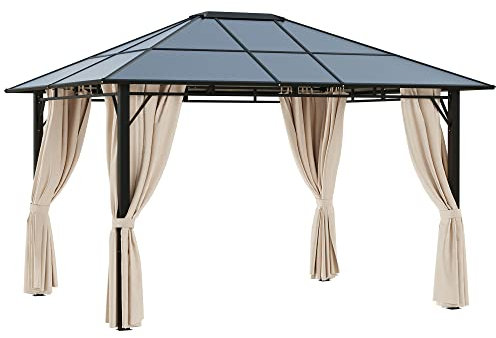 Outsunny 3 x 3.6m Hardtop Gazebo Canopy with Polycarbonate Roof Garden Pavilion with Removable Curtains and Steel Frame, Brown
