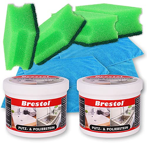 PUTZSTEIN 2x 900 g Dose + Zubehör Set2 - Putzpaste Allzweckreiniger mit Citrusduft hinterlässt einen Abperleffekt in der Küche und im Bad - Universalreiniger Polierstein