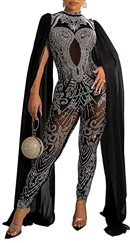 PORRCEY Sexy Women Hot Drilling Process Long Sleeve Jumpsuit Tights Party Club Night(6032,Black,M)