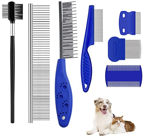 Fellkamm für Katzen und Hunde - 7-Teiliges Set mit Entwirrkamm, Augen-Kamm, Tränenfleck-Entferner, Flohkamm - Edelstahl Hundesalon Kämme für Haustiere
