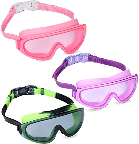 Theuzi 3 Pack Kids Swim Goggles, Swimming Glasses with One-Piece Wide Vision Lens from 3 to 15 Years Old