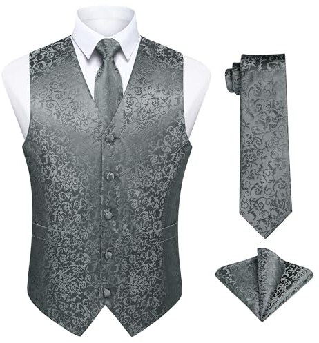 Enlision Kostymset med paisleymönstrad blommig jacquard-väst, slips och bröstnäsduk, 001-grå, S