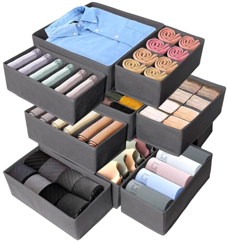 SAMISO Organizer per Cassetti e Armadio, Set di 12 Organizer, Divisori Pieghevole, Storage Box per Biancheria Intima, Cravatte, Grigio