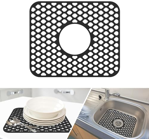 Silikon SpüLbeckeneinlage, Zusammenklappbar rutschfeste SpüLbeckenmatte Silikon 34x29 cm (Schwarzes Mittelloch)