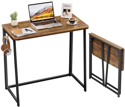WOHOMO Kleiner Klappschreibtisch Klein, 80 cm Schmal Faltbarer Schreibtisch, Platzsparender Computertisch für Kleine Räume, Arbeitstisch für Home Office, Walnuss