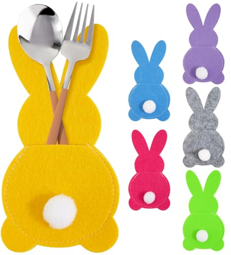 BOFUNX 6 Stücke Ostern Bestecktasche Filz Osterhase Besteckbeutel Besteckhalter Tischdeko Osterdeko Partydeko