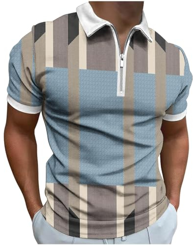 AMhomely Golf-Polo-Shirt, Sommer-T-Shirt für Herren, Muskeln, Vintage-Stil, kariert, lässig, bedruckt, kurzärmelig, Umlegekragen, Reißverschluss, T-Shirt, Bluse, Tops, Urlaub, Urlaub, 01 Hellblau, XXL