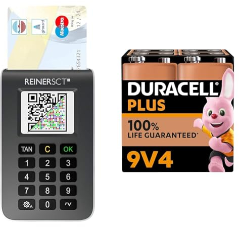 REINER SCT tanJack Photo QR I Chip chipTAN-Tan Generator für Online Banking & Duracell Plus 9V Blockbatterie, 4 Stück, 9 Volt Batterie ideal für Rauchmelder, Feuermelder