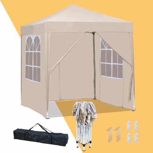 Mingone Carpa Plegable de 2x2 m para Acampar Pabellón de Jardín con 4 Paredes Laterales Protección UV Cenador Regulable en Altura para Exteriores, Fabricado en Tela Oxford, Beige con Bolsa