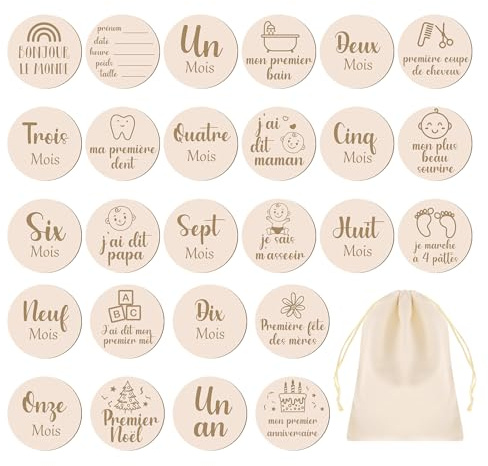 Halinuia - Tarjeta de paso para bebé, madera francesa, 26 Momentos de nacimiento a 1 año en 13 discos grabados a doble cara, regalo de bebe de madera,tarjetas de hito para bebé futuro mamá regalo de