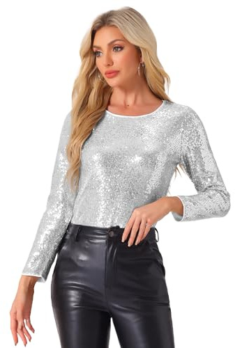 Allegra K Donna Top da Sera con Paillettes Eleganti A Maniche Lunghe Maglia con Paillettes Camicetta con Brillantini da Party Argento L