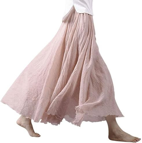 Röcke Damen Leinen Maxirock Baumwolle Leinen Rock Boho Sommerrock Einfarbig Freizeitrock Faltenrock Frauen Langerock (DE/NL/SE/PL, Alphanumerisch, Einheitsgröße, Regular, Regular, Rosa 2)