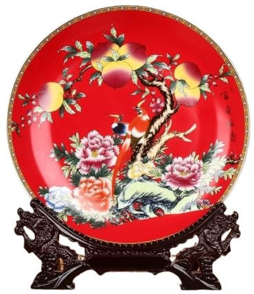 JingdezhenPorcelainDekorativ Wobble-platta, Kinesisk stil Ljusröd Lång livslängd Persika Naturlig växt Hem Wobble-Tallrik Med Display Stativ Dekoration Hushållstallrik Dekorativa handgjorda bröllopspr