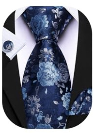 Barry.Wang Mens Blue Tie Floral Silk Wedding Necktie Pocket Square Cufflinks Set Formal Wedding
