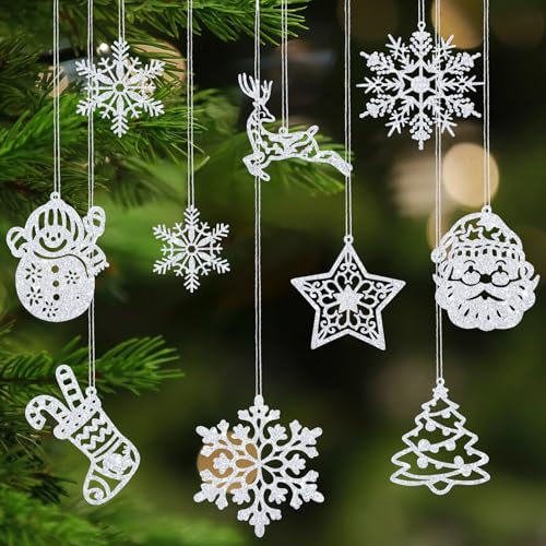 Kiiwah 42 Pezzi Decorazioni per Albero di Natale, Decorazioni Natalizie Fiocchi di Neve Argento Con Spago Decorazioni Natalizie per Albero di Natale