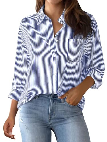 Chemisier Femme Chic Et éLégant, Chemise Femme Rayée Boutonnée Col Montant Chemise Ample DéContractée à Manches Longues avec Poches Haut De Chemise De Travail Classique