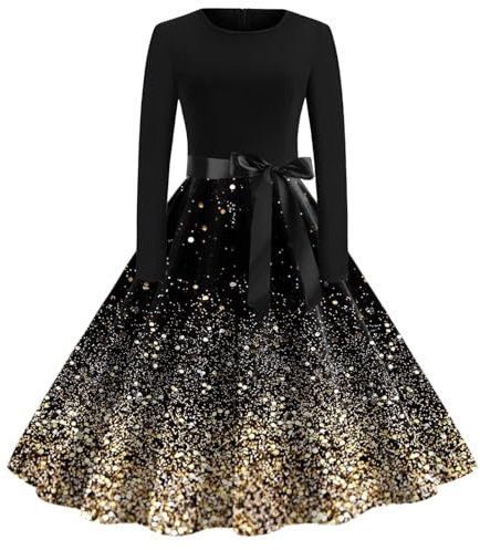 Weihnachtskleid Damen Elegant- Weihnachten Kleid Damen Langarm-Weihnachts Kleider Damen mit Weihnachtsmotive Funky Hepburn Weihnachtskleider A-Linie Vintage Partykleid Cocktailkleid für Frauen