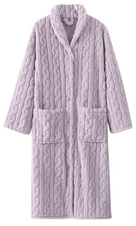 Accappatoio lungo da donna in pile ispessito jacquard con bottoni e tasche, comodo e morbido, per inverno e autunno, abbigliamento da casa, comodo abbigliamento per la casa, Viola, XL