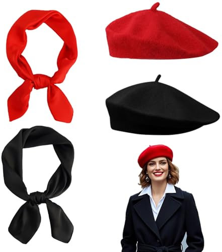 TUONYIS 4 Stück Baskenmütze + Halstuch Damen, Klassisch Künstler Plain Französischer Stil Barett, Wintermütze Barett, Elegante Schal Tuch Bandana, Französische Baskenmütze (Schwarz, Rot)