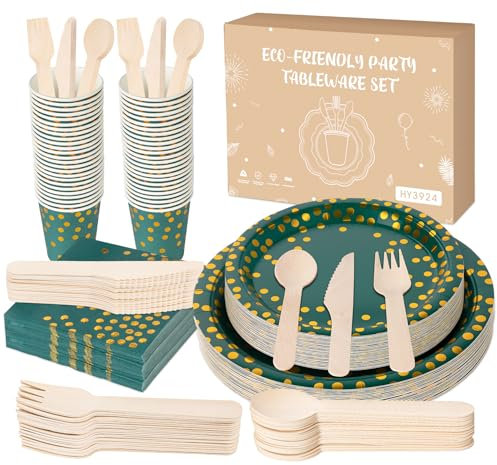 Anstore Set de 200 Assiettes en Carton Vertes à Pois Dorés - Réutilisables avec Fourchettes, Couteaux, Cuillères, Serviettes, Gobelets - 25 Couverts pour Fête et Anniversaire