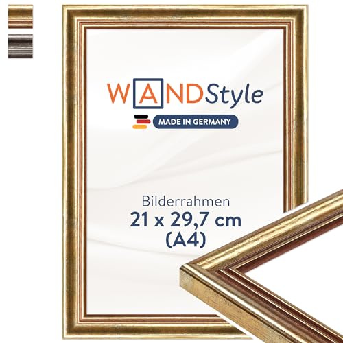 WANDStyle Cadre photo bois vintage, cadre A4 doré, cadres photo 21x30 cm mural, encadrement tableau 30x21 cm, cadres pour photos et posters, encadrement à suspendre, H400 – Made in Germany