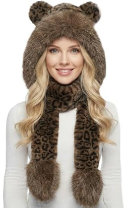 SIQITECH Bonnet avec Echarpe en Fausse Fourrure 2-en-1 Femme Ensemble de Chapeau Foulard avec Imprimé Léopard Pack d’Echarpe Bonnet avec Oreilles Ours Cool pour Street Look Sortie Urbain