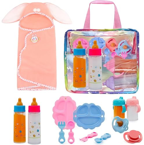 RNPKZ 14 PCS Baby Doll Accessories Set, Doll Feeding Set with Magic Milk Bottles Juice Bottles Dummies Spoons Forks Dinner Plate Bath Towel & Handbag, Doll Feeding Pretend Playset for Kids Girls