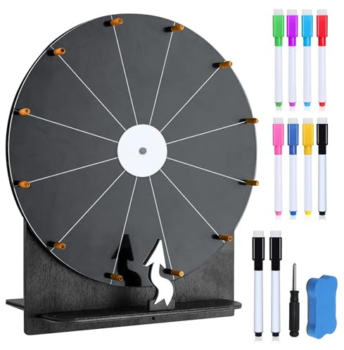 PORFOYO Roue De La Fortune: 30 cm Roue De La Chance avec Support, Gomme Et Marqueur, Roues De Prix en Bois, Roues De La Fortune Personnalisable pour Mariage Fiançailles Jeux (Noir)