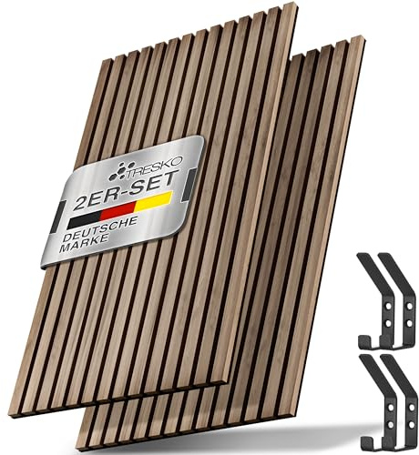 TRESKO 2 pannelli acustici in legno, 120 x 60 cm, con 4 ganci appendiabiti, rivestimento da parete in rovere naturale come parete a lamelle 3D, pannelli in legno per isolamento acustico