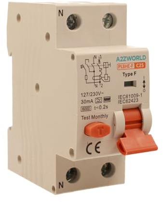 Interruptor diferencial magnetotérmico tipo F 25A C25, RCBO Tipo F Curva C 6kA 30mA, 1P + N 2 módulos DIN, para bombas de calor, climatizadores, lavadoras, motores controlados por inversor
