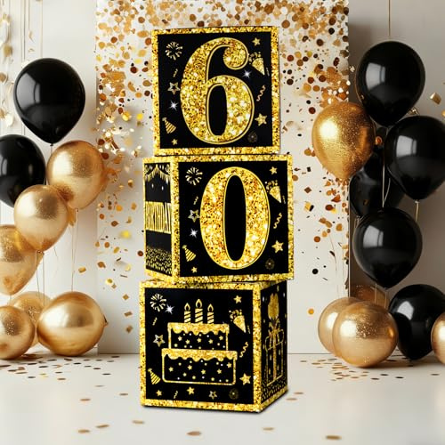 Scatole decorative per il 60° compleanno per uomini, 3 pezzi scatole con palloncini nero oro “Happy 60th Birthday”, articoli per feste di 60° compleanno per uomini e donne