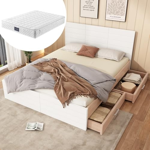 Goldicoo Dubbelsäng 140 x 200 cm med 2 lådor och madrass, massivt trä MDF, vit ek, inkl. ribbotten, 207 x 80 x 145 cm