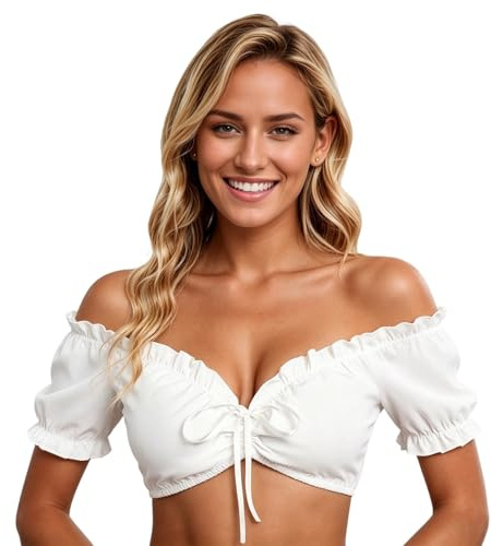 Dirndl Bluse Donna Bianca in Pizzo con Maniche Corte e Scollo a Cuore Top Costume Oktoberfest Bavarese Camicia Dirndl Elegante Camicetta Tirolese Tradizionale Comodeper Festa Cerimonia,Bianco,S