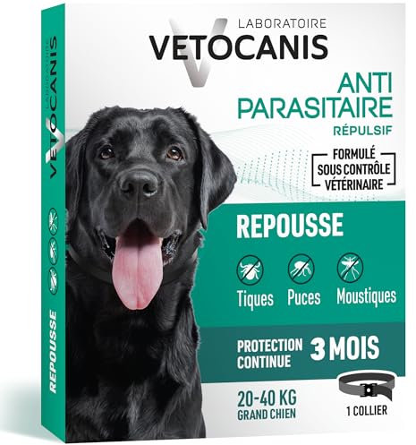 Vétocanis - Collier Répulsif Puces Tiques Moustiques - Protection 3 mois - Grand Chien 20 à 40 kg - Extraits Naturels Margosa et Lavandin