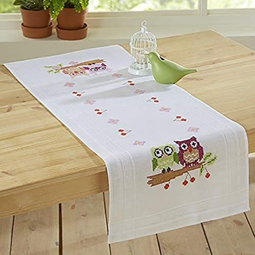KAMACA Stickpackung Kreuzstich vorgezeichnet Baumwolle komplettes Stickset mit Stickvorlage Stickerei-Kit zum Selbersticken Erwachsene (Verliebtes Eulenpaar TL 40x100 cm)