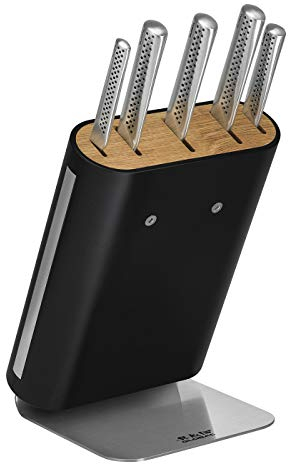 Global Ukon GU-6001 - Juego de 6 cuchillos de chef de 8 pulgadas, pan de 9 pulgadas, Santoku de 7 pulgadas, dentado de 6 pulgadas, pelado de 3 1/2 pulgadas, bloque de cuchillos, acero japonés ligero