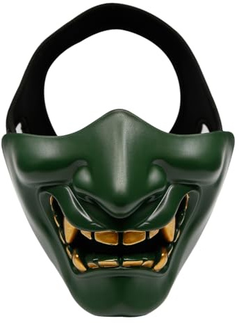Airsoft Half Face Masks, Evil Demon Monster Kabuki Samurai Hannya Oni Half Face Protective Masks for Masquerade Ball, Party, Halloween, Cs War Game, BB Gun(Green)