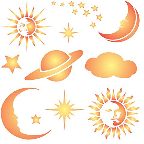 Himmlische Schablone – 21,5 x 21,5 cm (L) – Wiederverwendbare Sonne, Sterne, Monde, Planet, Saturn, Wolke, Wandschablone