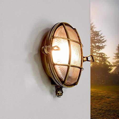 Licht-Erlebnisse Außenleuchte Wand Messing Glas Antik IP64 Garten Haus Eingang B:18 cm E27 Schiffslampe Rustikal Maritime Outdoor Wandlampe SKIATHOS