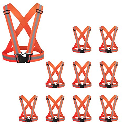 AIEOE Lot de 10 Pièces Gilet de Sécurité Course Réglable Haute Visibilité Sangle Réfléchissant Running Élastique pour Vélo Moto Marche Jogging Fluorescent Orange