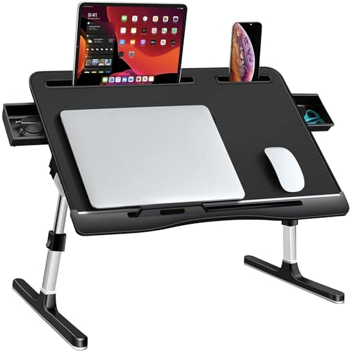 Sängbricka för laptop [lyxigt PVC-läder], justerbart laptop-skrivbord för säng, hopfällbart knäskrivbord för bärbar dator med 2 lådor, multifunktionellt bord för att arbeta, äta, skriva, spela, rita