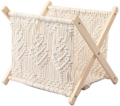 Revistero de macramé, organizador de periódicos Boho Books, soporte de cesta de almacenamiento para revistero, estantería de escritorio creativa para estantería de suelo para salón, cuarto de baño