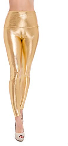 SOFTSAIL Leggings da Donna a Vita Alta, Skinny, in Lattice, con Effetto Pelle, Vita Alta, Elastico in Vita, Gold, 48