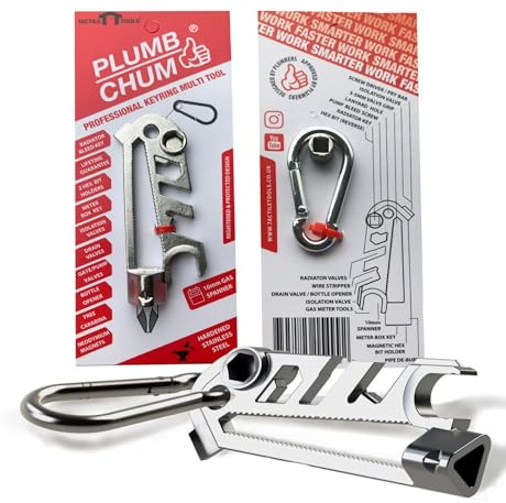 Plumb Chum universal bleed key, meter box key, The original Keyring Plumbing Multi Tool for professional and DIY, magnetic hex holders, radiator balancing tool, bottle opener, coin tool, 10mm spanner.